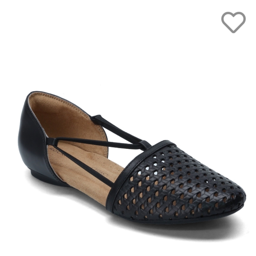 Rockport, Reagan Flat. Black leather weave